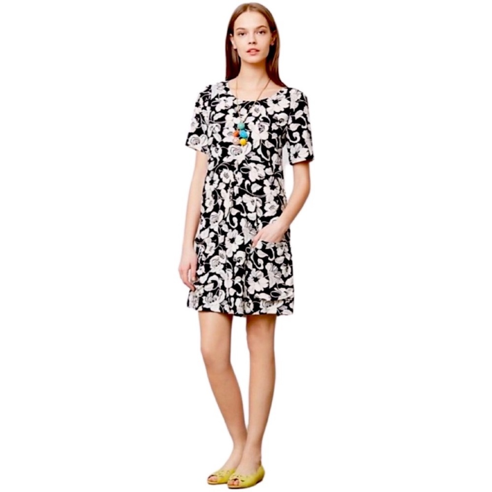 Maeve Anthropologie Black White Floral Print Short‎ Sleeve Dress Size 2